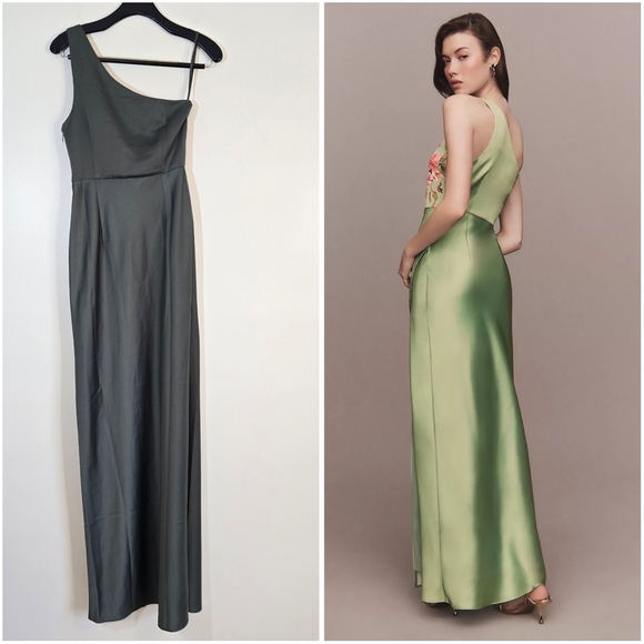 NWT BHLDN Anthropologie One Shoulder Stretch Satin Dylan Dress Dark Gree… - Picture 3 of 11